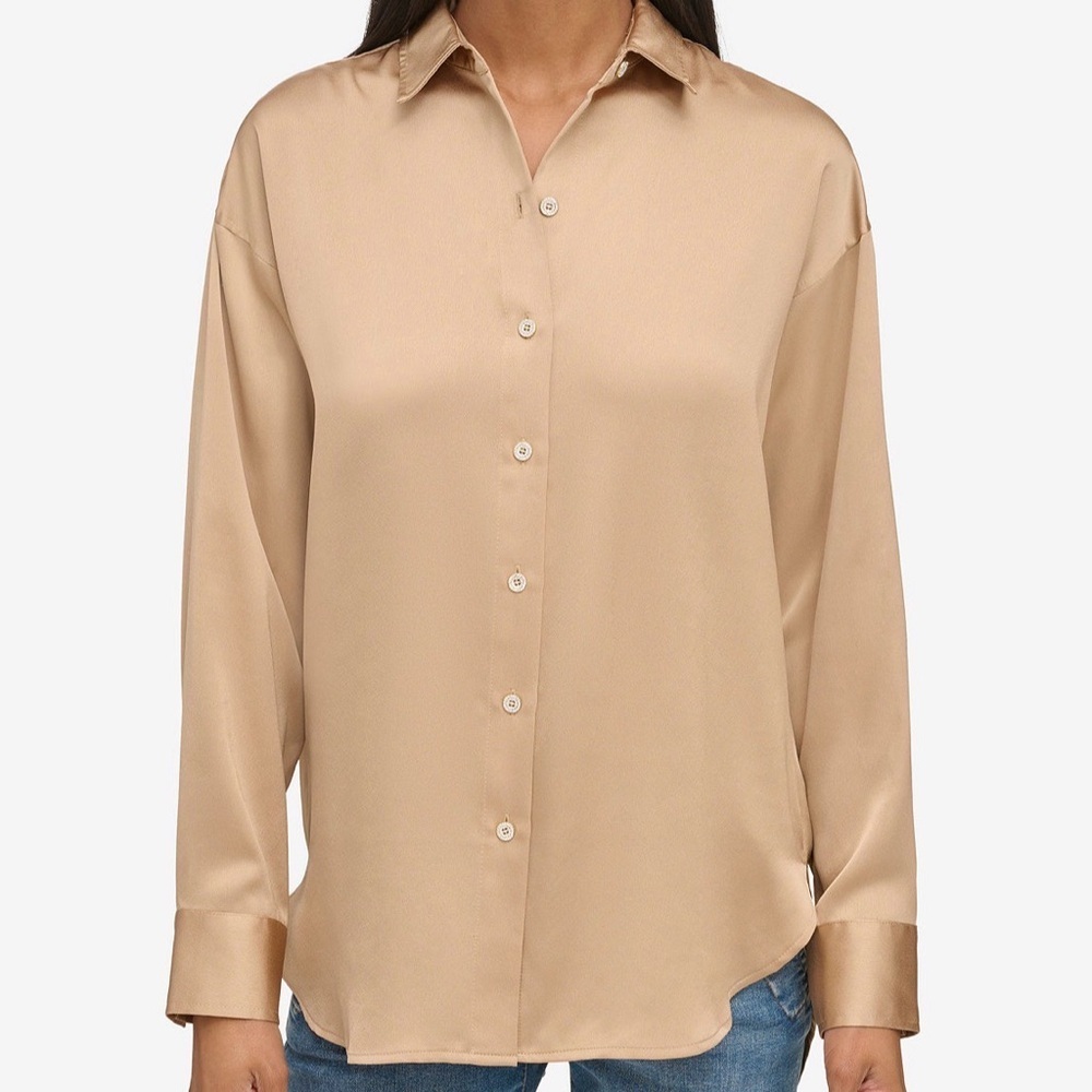 Karl Lagerfeld Satin Gold Rhinestone Button Down Blouse Shirt